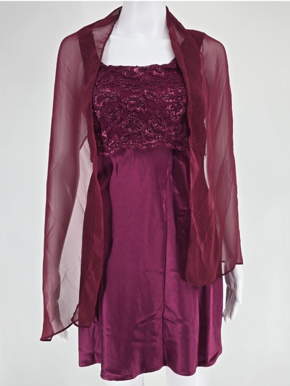 Vintage 1990s/Y2K 5-7-9 Deep Wine Satin Chiffon Wrap Party Dress (Junior's XS)